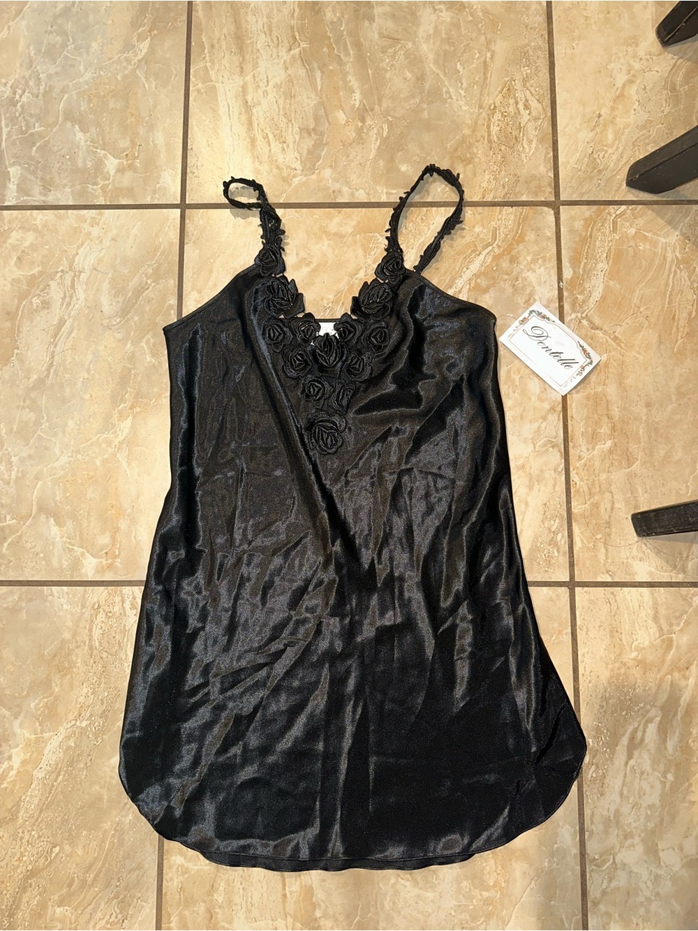 Y2K Dentelle Black satin slip dress with lace trim and rose embroidery Size S